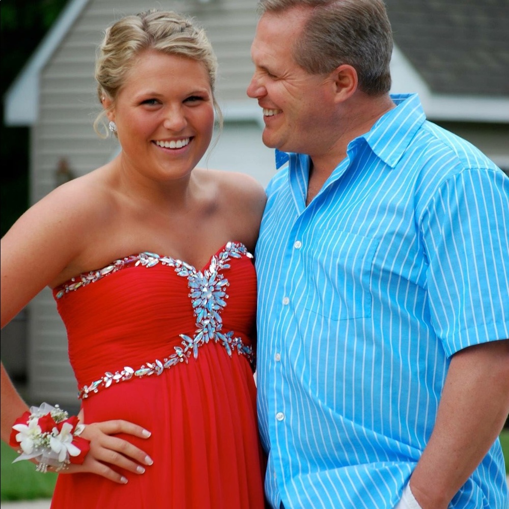 Red strapless prom dress